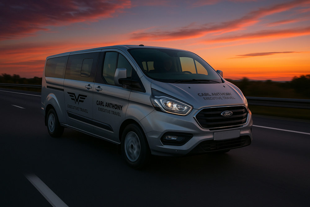 minibus on motorway at sunset based in wigan and leigh